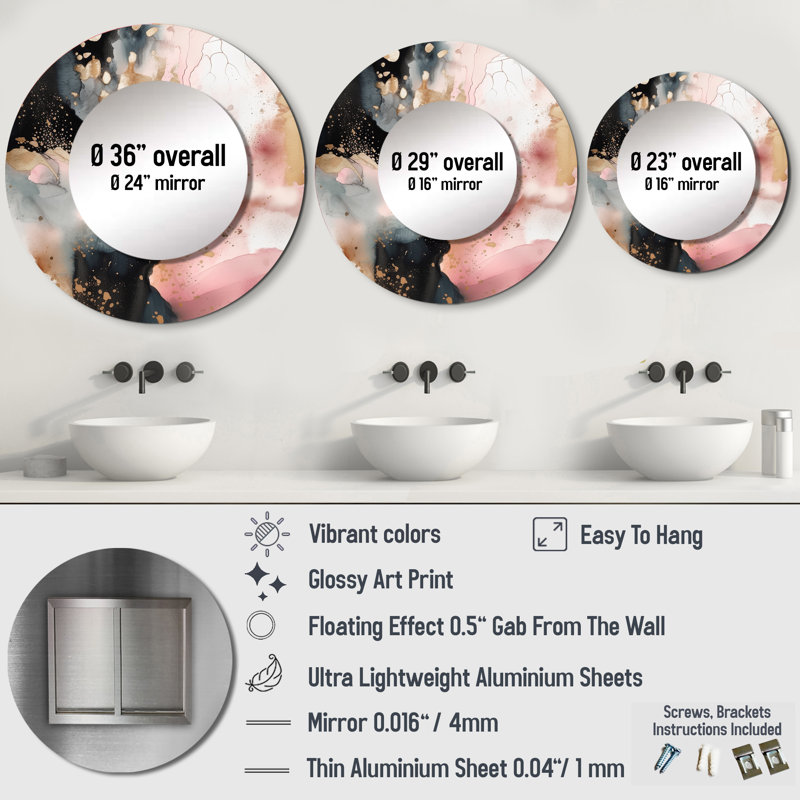 Quintay Pink Gold Marble Texture II - Marble Large Wall Mirror, Pink Round Unique Mirror, Printed Metal Art, 36" x 36"