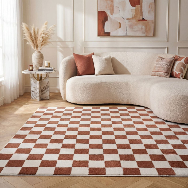 Loft Modern Checkerboard Living Room Area Rug and Runner Soft Pile, Orange/Ivory, Rectangle 120 x 170 cm