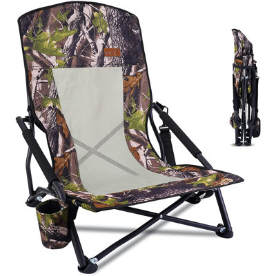 Camouflage Folding Hunting Chair with Mesh Back, Cup Holder, Arm Cushions & Carry Strap (1-Pack, Heavy Duty)