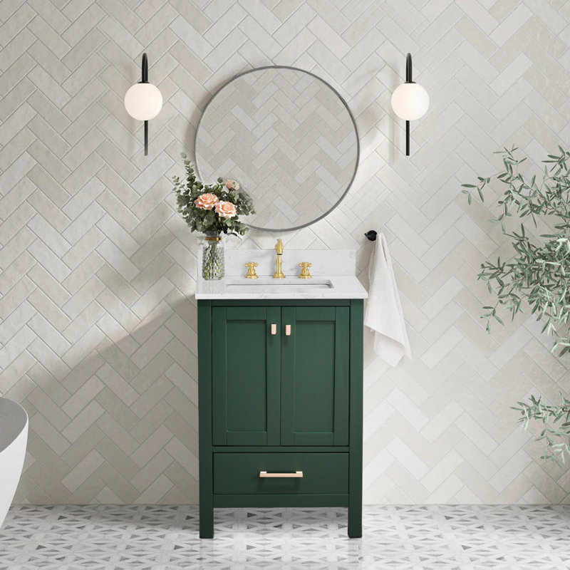 Meuble-lavabo moderne avec lavabo et rangement, Vert / or brossé, 24'