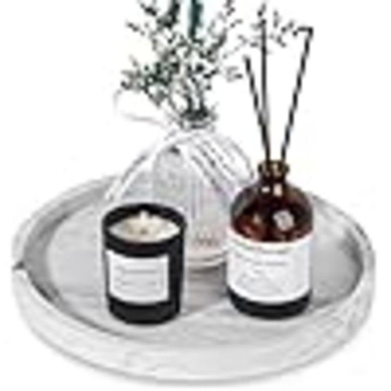 Silicone Bathroom Tray Round Vanity Tray Decorative Soap Holder Kitchen Countertop Organizer Coffee Table Decor For Candle, Perfume, Plant, 9 Inch, Marble Grey