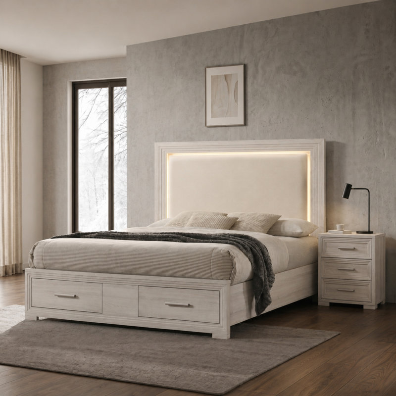 Ensemble de chambre avec lit tapissier Liora, Deux articles : lit, table de chevet, Rustique naturel, Très grand lit