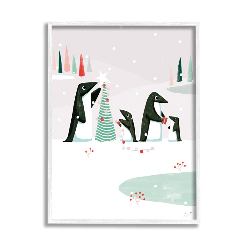 Pingouins décorant un arbre de Noël par Andrew Thornton, H 20 po x l 16 po, Giclée encadrée blanc bord de mer