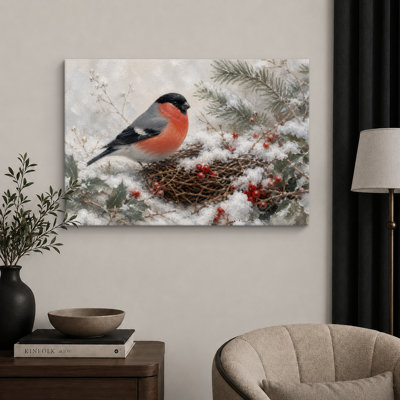 Red Cardinal Winter Bird Nest Artwork, Living Room Pictures, Framed Canvas Giclee Print Wall Art