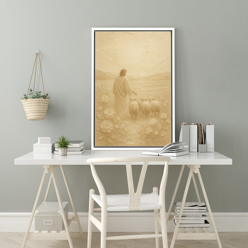 «Serene Shepherd With Flock» dans des tons neutres et doux, impression sur toile encadrée, H 24 po x l 16 po x P 1,5 po