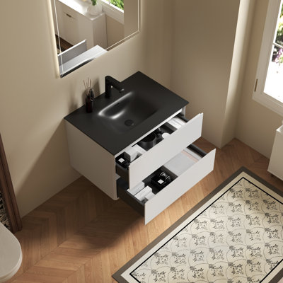 Ensemble de meuble-lavabo mural simple 30 po avec plateau en pierre noire et 2 tiroirs 30 po Modern