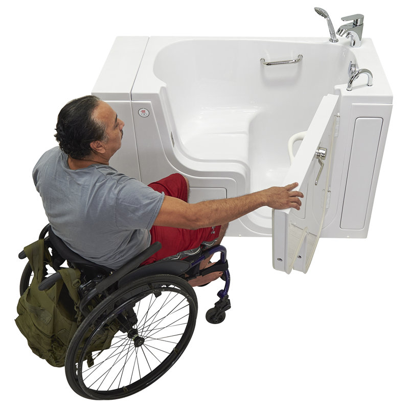 Ella Wheelchair Transfer 26"x52" Acrylic Soaking Walk-In-Bathtub, Right Outward Swing Door, Heated Seat, 2 Piece Fast Fill Faucet, 2" Dual Drain