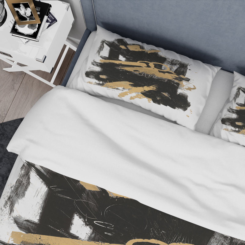 Ensemble de housse de couette Modern Glam doré et noir I - Microfibre polyester, Housse simple + 1 taie décorative