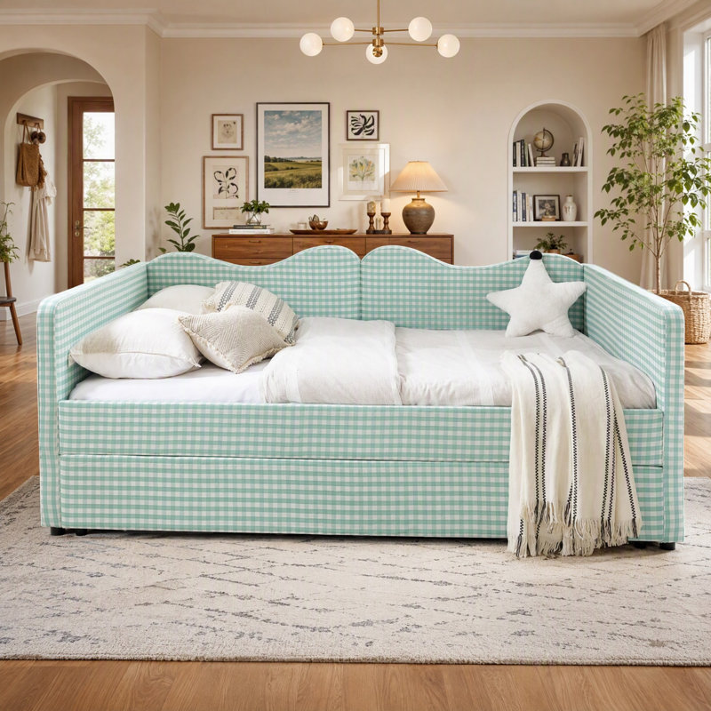 Divan-lit double convertible 3 en 1 avec couchette coulissante et poches de rangement latérales Gingham, Full / Double, cyan