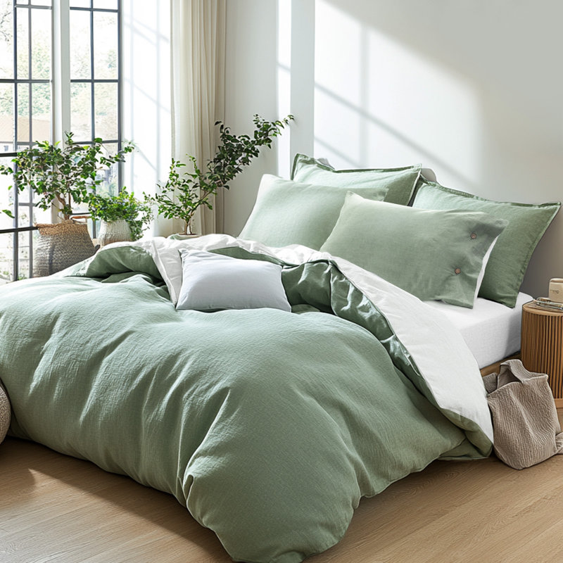 Ensemble de housse de couette 100% coton délavé 3 pièces vert, Grand lit