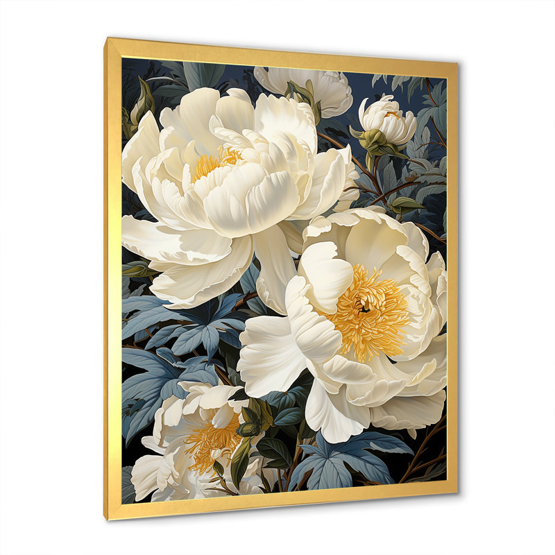 Pivoines botaniques rétro dévoilées sur toile, Encadrement doré, H 44 po x l 34 po x P 1,5 po