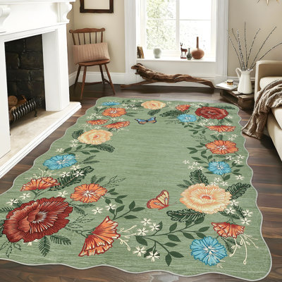 Tapis 10 x 13 pour salon luxueux Tapis floral moderne lavable à la machine sans déchirure antidérapant Tapis de chambre à coucher antidérapant Facile à nettoyer et à décolorer pour salle de jeux Vert
