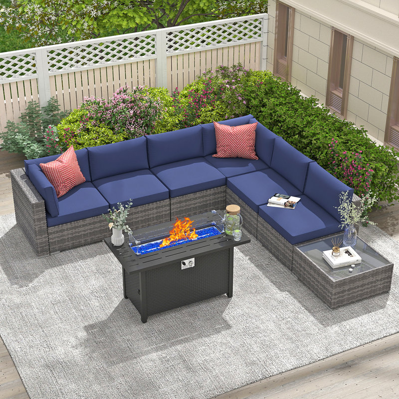 Wicker 6 - Person Modular Patio Conversation Sets With Cushions, Navy Blue Cushion/Gray Frame