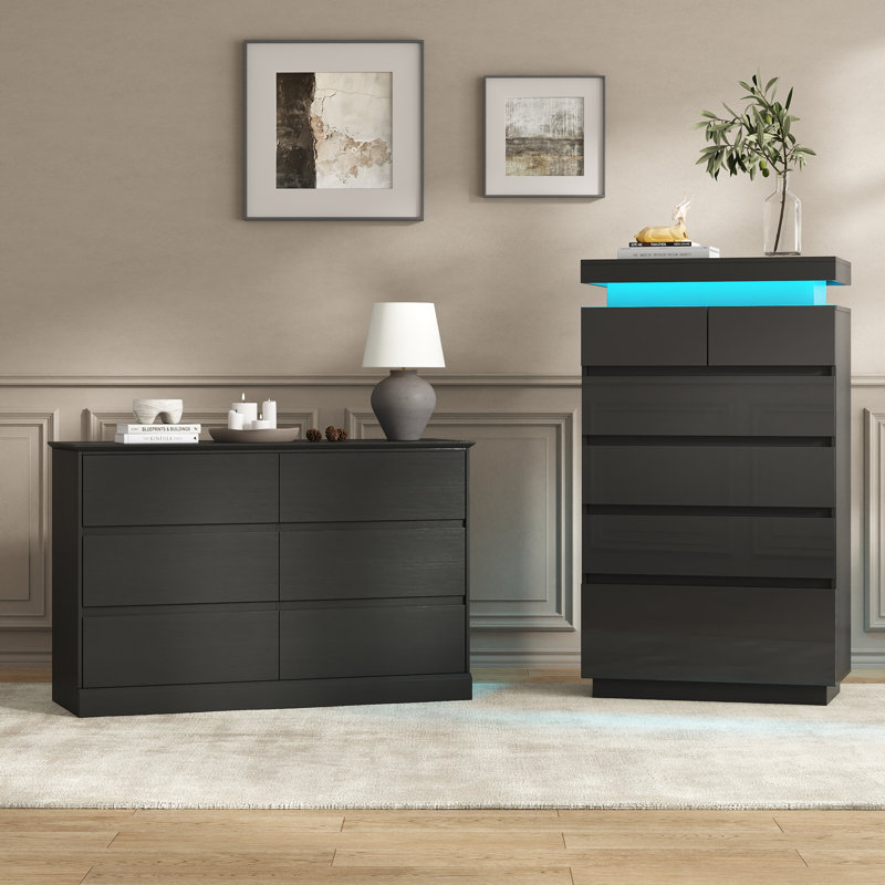 Ensemble de rangement moderne de 2 pièces pour chambre à coucher avec commode haute à 6 tiroirs et commode à 6 tiroirs éclairée par DEL