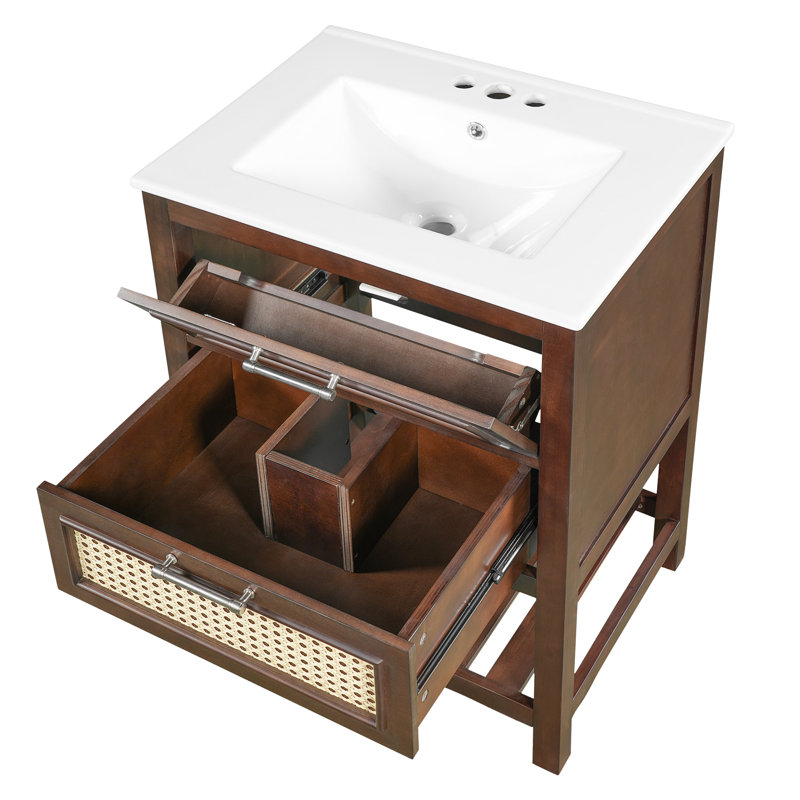 Meuble-lavabo 2 tiroirs 2 tiroirs avec lavabo en céramique 2 tiroirs Ratten, Marron foncé