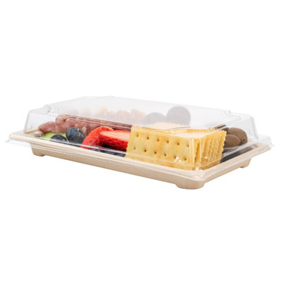 Restaurantware-LIDS ONLY: Foil Lux Plastic Lids For Large Sushi Tray, 100 Rectangle Bagasse Dish Covers - Trays Sold Separately, Dome Design, Clear Plastic Lid For Sugarcane Trays, Disposable
