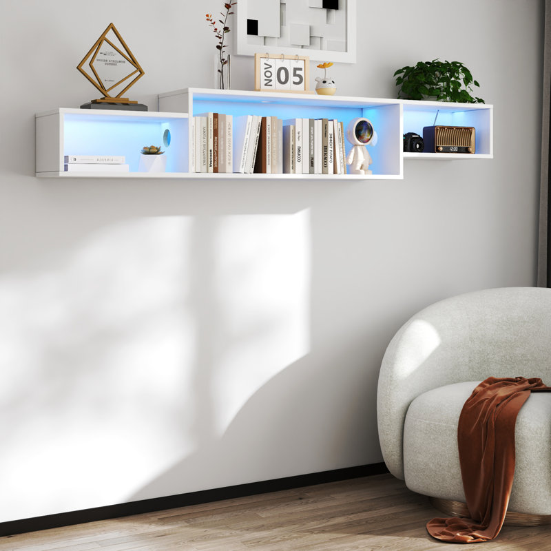 Meuble télé flottant mural 65,35 po avec DEL 20 couleurs et station de charge intégrée, Blanc