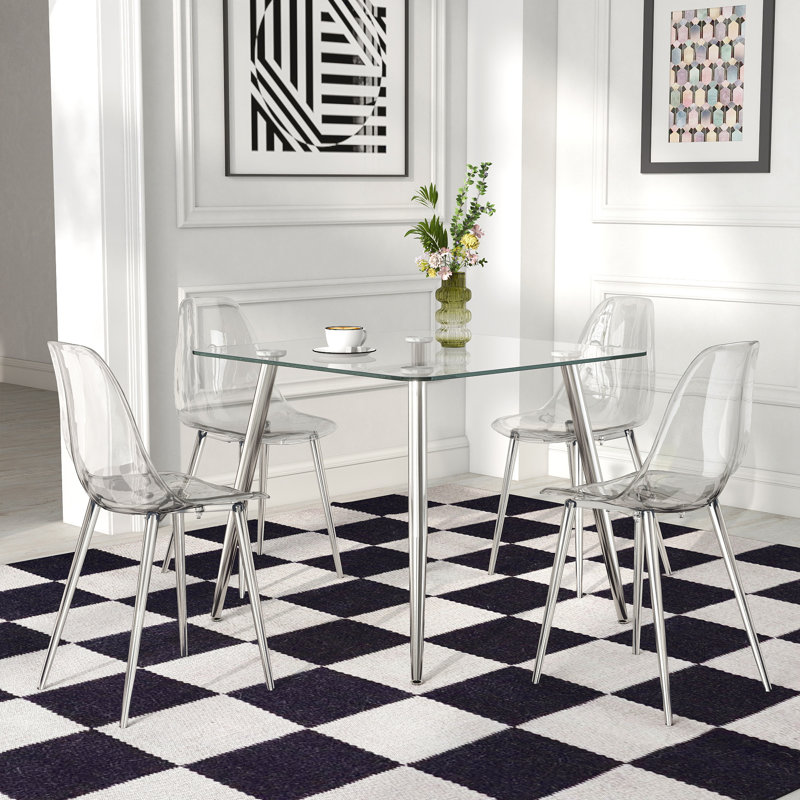 Ensemble de table de salle à manger 36 pouces en verre avec 2/4 chaises transparentes, pieds en métal argenté pour salle à manger / cuisine moderne