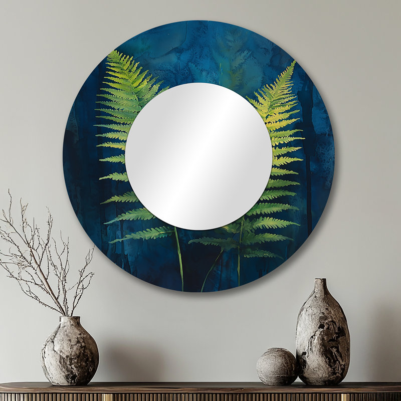 Fougère abstraite en fleurs bleues et vertes - Art mural miroir avec fougères - imprimé sur métal, 29 po x 29 po