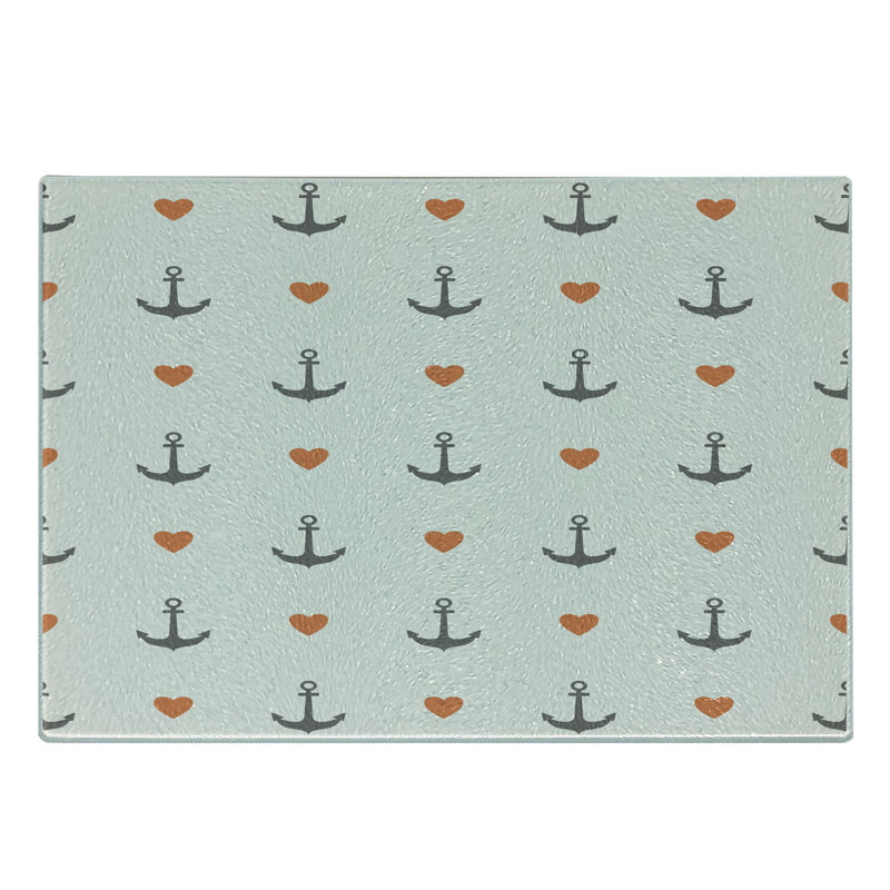 Ambesonne Colourful Tempered Glass Cutting Board Anchors and Hearts Vermilion Grey