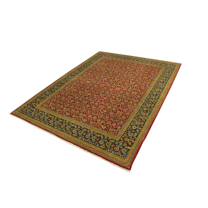 Tapis oriental rouge foncé / vert foncé / jaune en laine noué à la main 9 pi 2 po x 12 pi 2 po Abagail