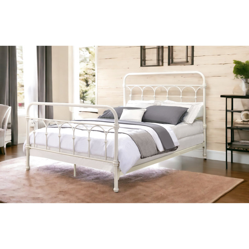 Lit double blanc, support en métal robuste et cadre classique à aspect fuselé avec design pour le confort