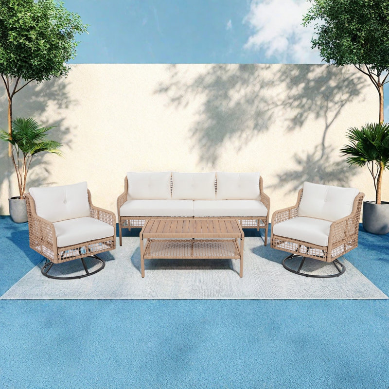5 - Person Pation Conversation Sofa Set With Swivel Chairs And Cushions, Beige Cushion/Natural Wood Frame