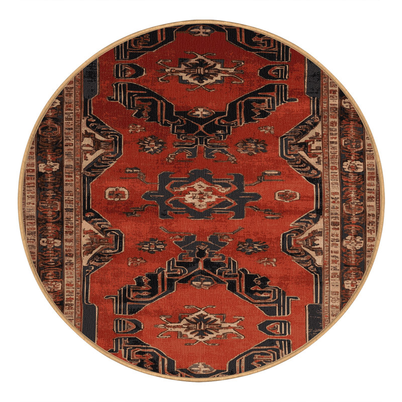 Machine Washable Art Deco Brown Area Rug, Round 7'