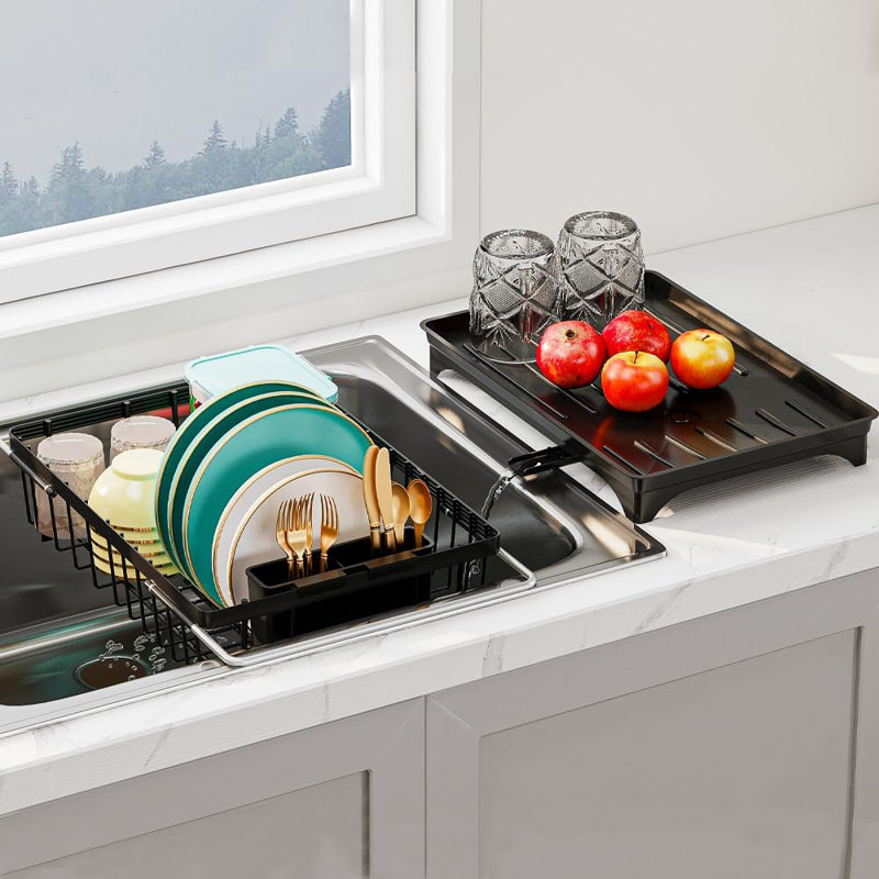 Small Dish Drying Rack in Sink, Expandable Stainless Steel Dish Drainers for Kitchen Counter, with Drain Board & Utensil Holder(Black)