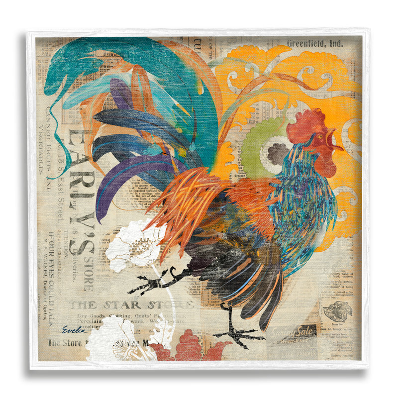 Country Rooster, collage rétro - impression, H 17 po x l 17 po x P 1,5 po, Giclée encadrée blanc bord de mer