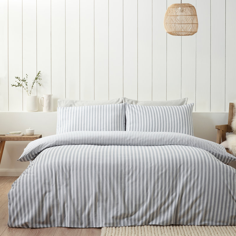 Brushed Stripe Cotton Reversible Duvet Cover Set, Silver Grey, Super King Duvet Cover +2 Standard Pillowcases
