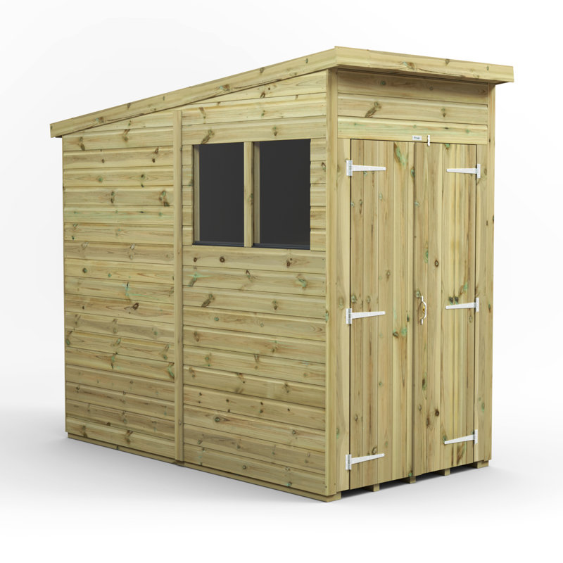 Powersheds 4 x 8ft Premium Pressure Treated Timber Pent Garden Shed, Double Doors