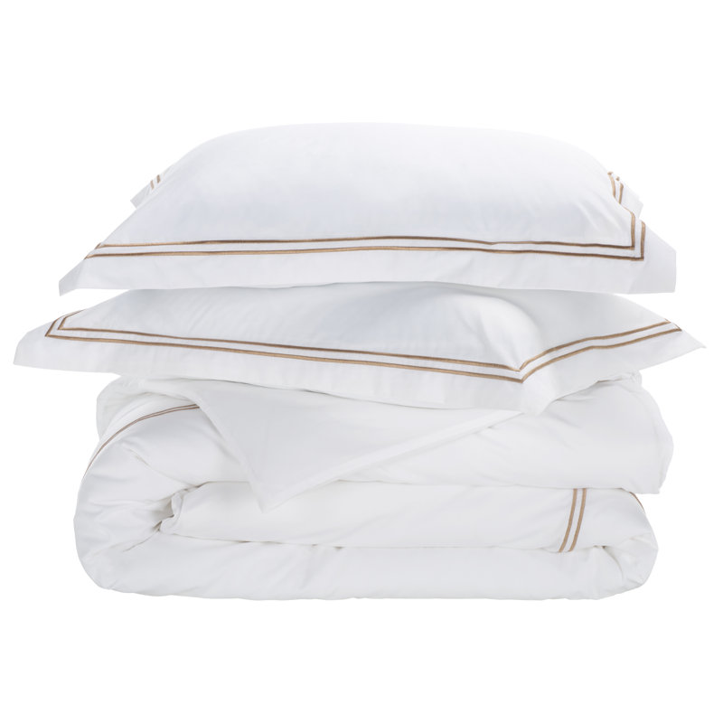 2-Line Embroidered Hotel Duvet Cover 3 Piece, King Duvet Cover + 2 King Pillow Shams, Golden Taupe/White