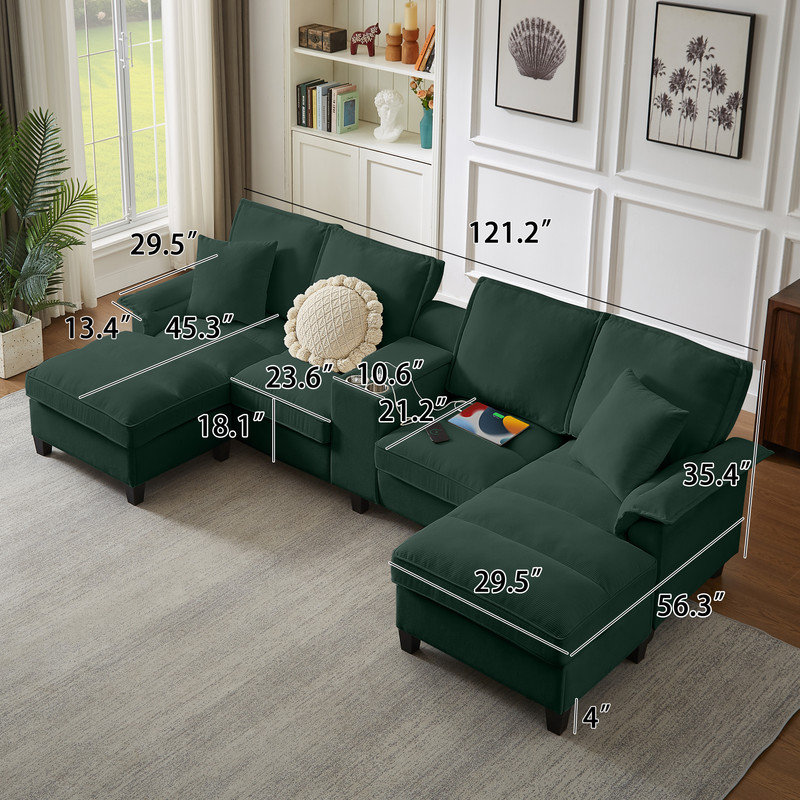 Canapé modulaire en velours côtelé modulaire avec méridienne de rangement et porte-gobelets, Velours côtelé vert