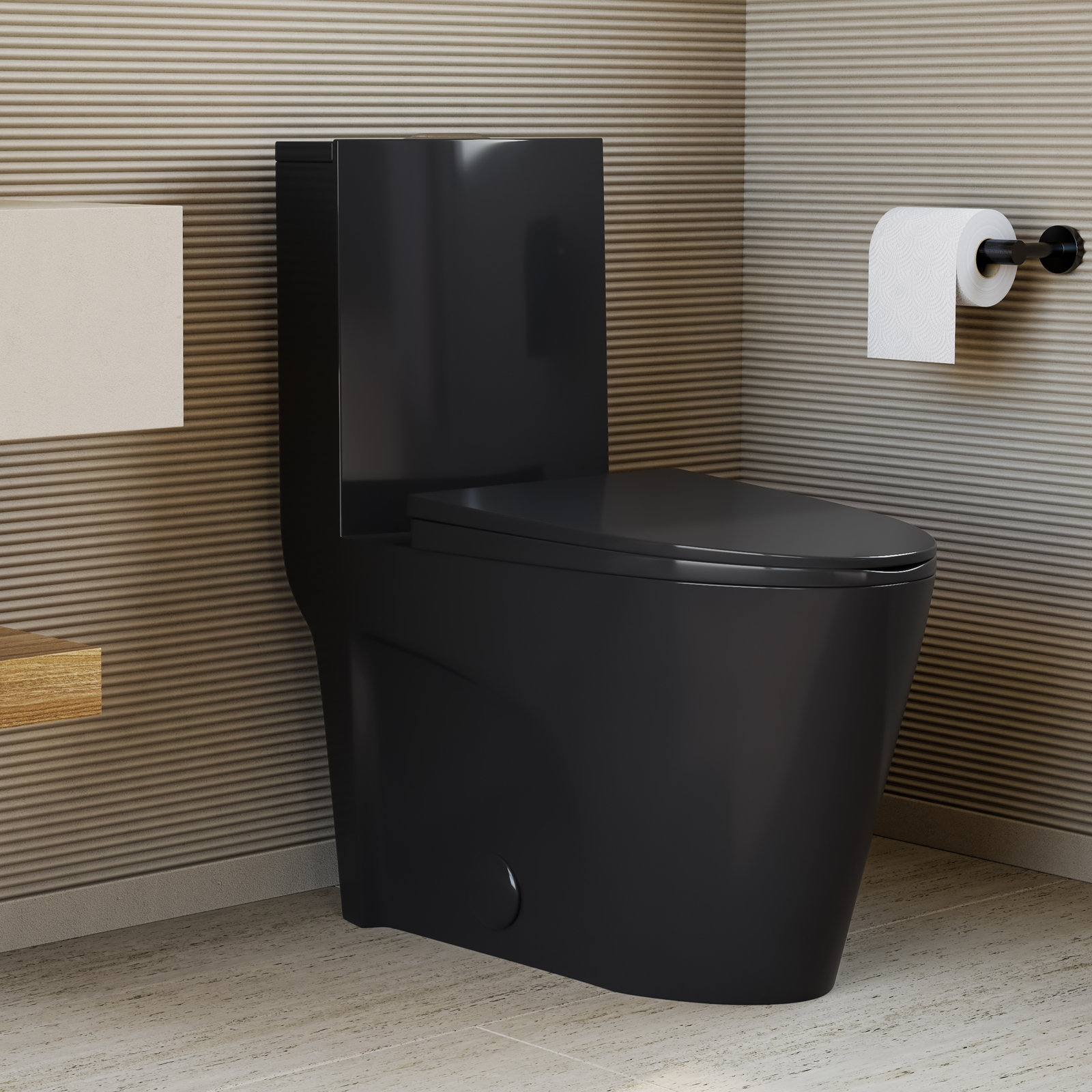 St. Tropez One Piece Elongated Toilet Dual Vortex Flush 1.6 GPF, Left, 12", Glossy Black