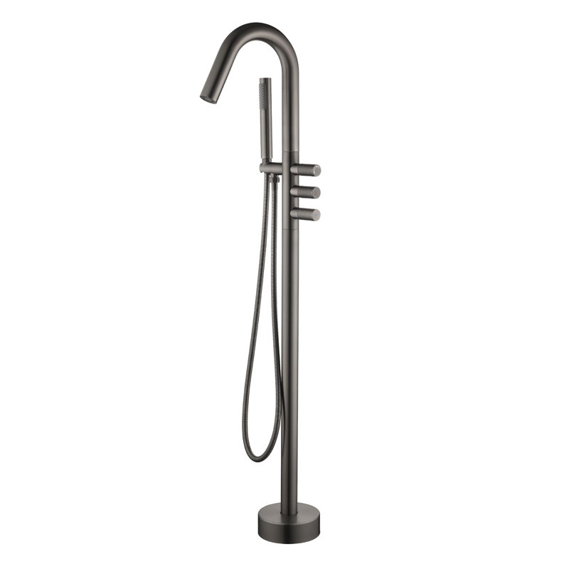 Triple Handle Floor Mounted Freestanding Tub Filler with Handshower, Gray