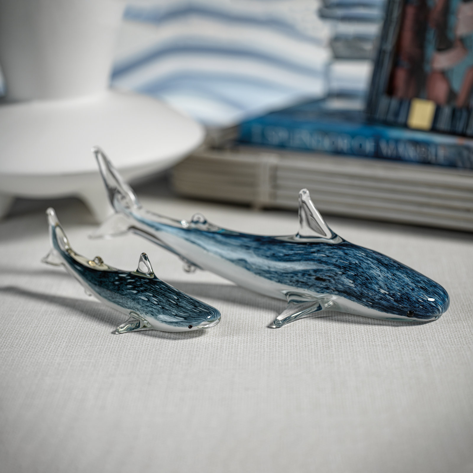 Decorative Glass Wildlife Blue Shark Figurine, 2.75" H x 8" W x 3.5" D