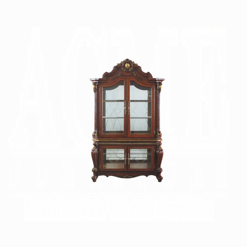 Vitrine en chêne miel de style picard avec panneaux en miroir et placage
