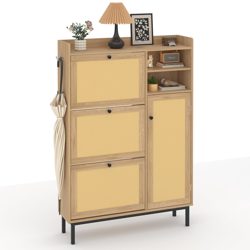 Natural Rattan Shoe Cabinet – Freestanding Storage Organizer with 3 Turn Drawers & 5-Tier Shelves – Modern Entryway, Hallway, Closet Furniture – Natural Wood Color