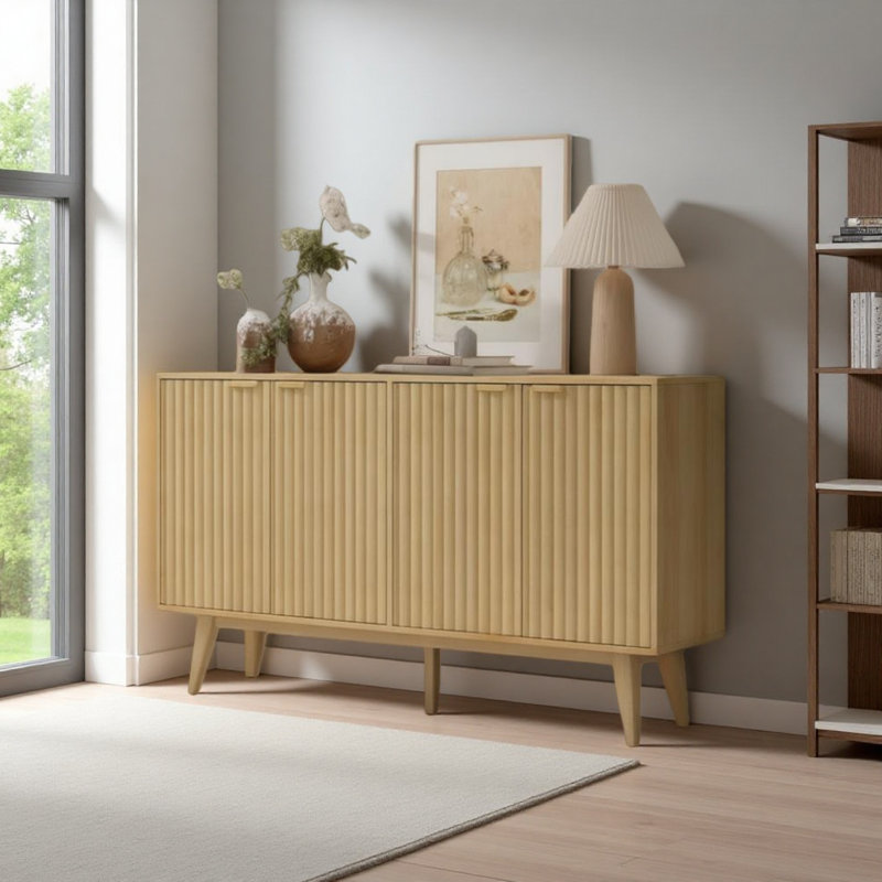 Convenient Cabinet,Fluted Sideboard Buffet Cabinet,With Doors,Adjustable Shelves,Wood Legs, Oak