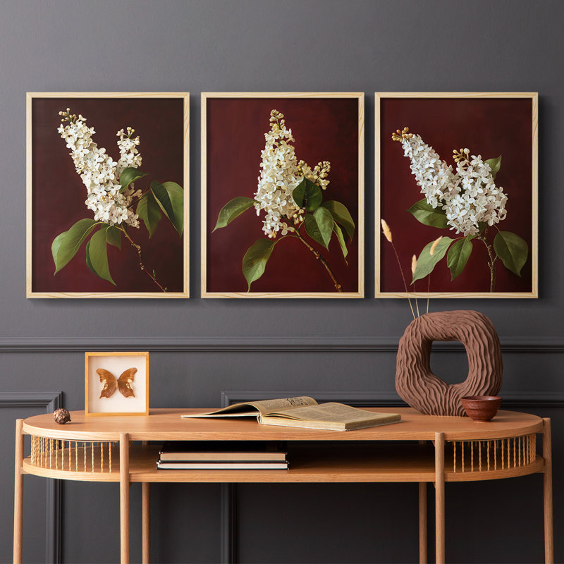 Série d'étude florale LXVII - ensemble de 3 estampes numériques encadrées - prêt à être accroché, Encadré naturel