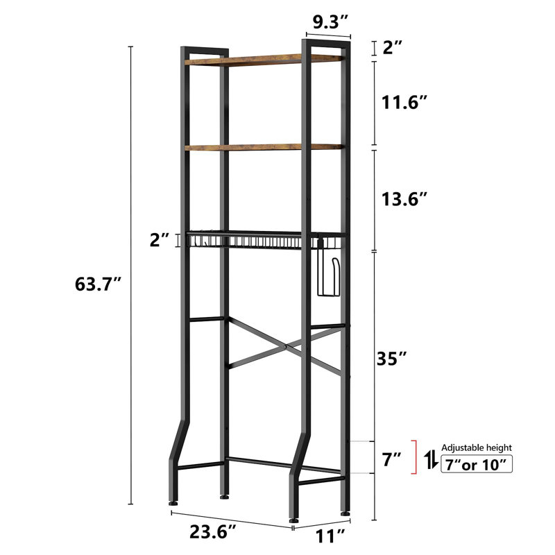 Adjustable Black Over-The-Toilet Storage Rack with Wood Shelves