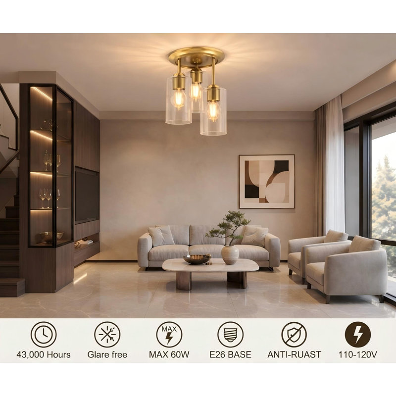 Gold 3-Light Semi Flush Mount Ceiling Fixture with Clear Glass Shades for Bedroom, Dining Room, Gold