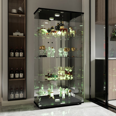 Glass Display Cabinet with Mirrored Back Panel, 164H x 80.5W x 36.5D cm, LED Lights, 2 Doors, 4 Adjustable Shelves, Lockable Tempered Glass Display Case,Black