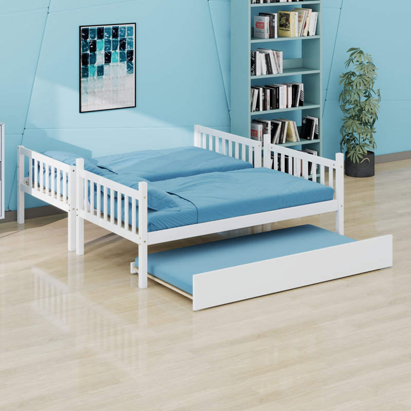 Rubber Wood Bunkbed With Trundle And Ladder,Convertible Into Two Beds, White