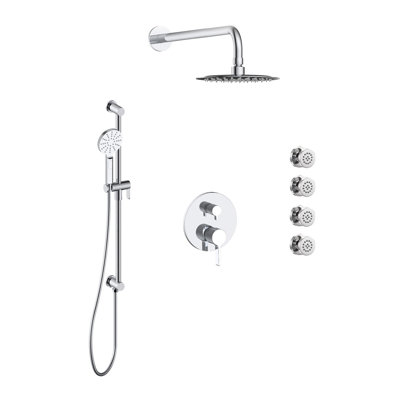 Ensemble de douche Velmara avec douche à main sur rail avec coude de connecteur intégré, pomme de douche à pluie et 4 jets de corps