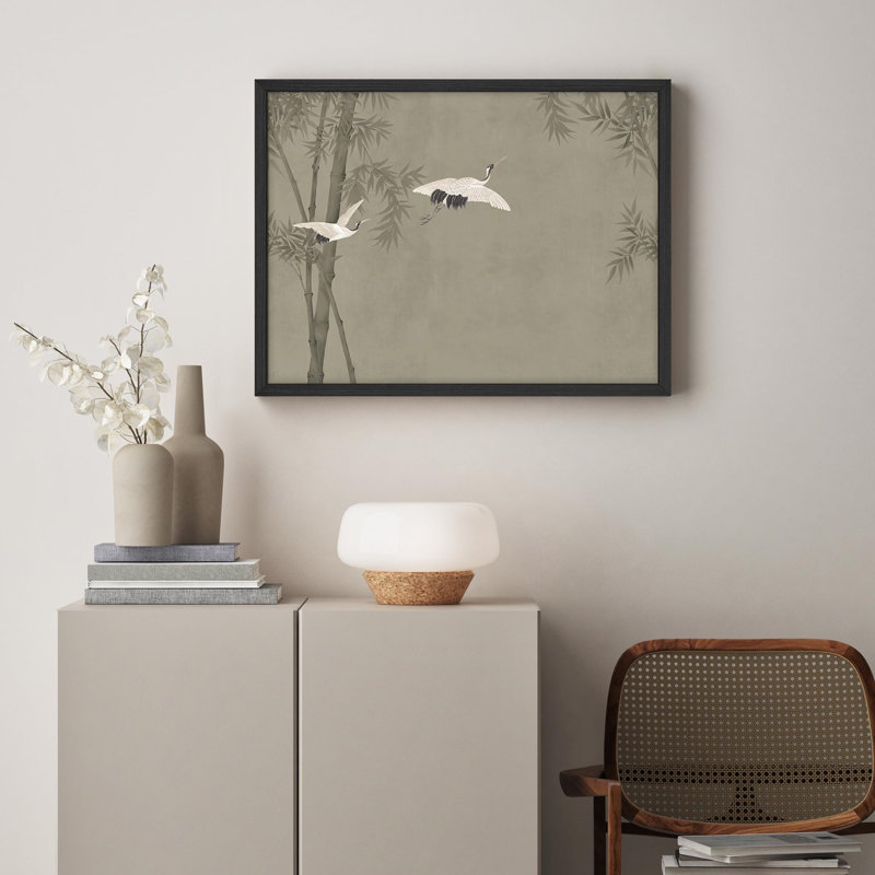 «Graceful Cranes and Bamboo in Classic Asian Landscape Illustration», affiche encadrée rustique, Noir, noir, noir, noir