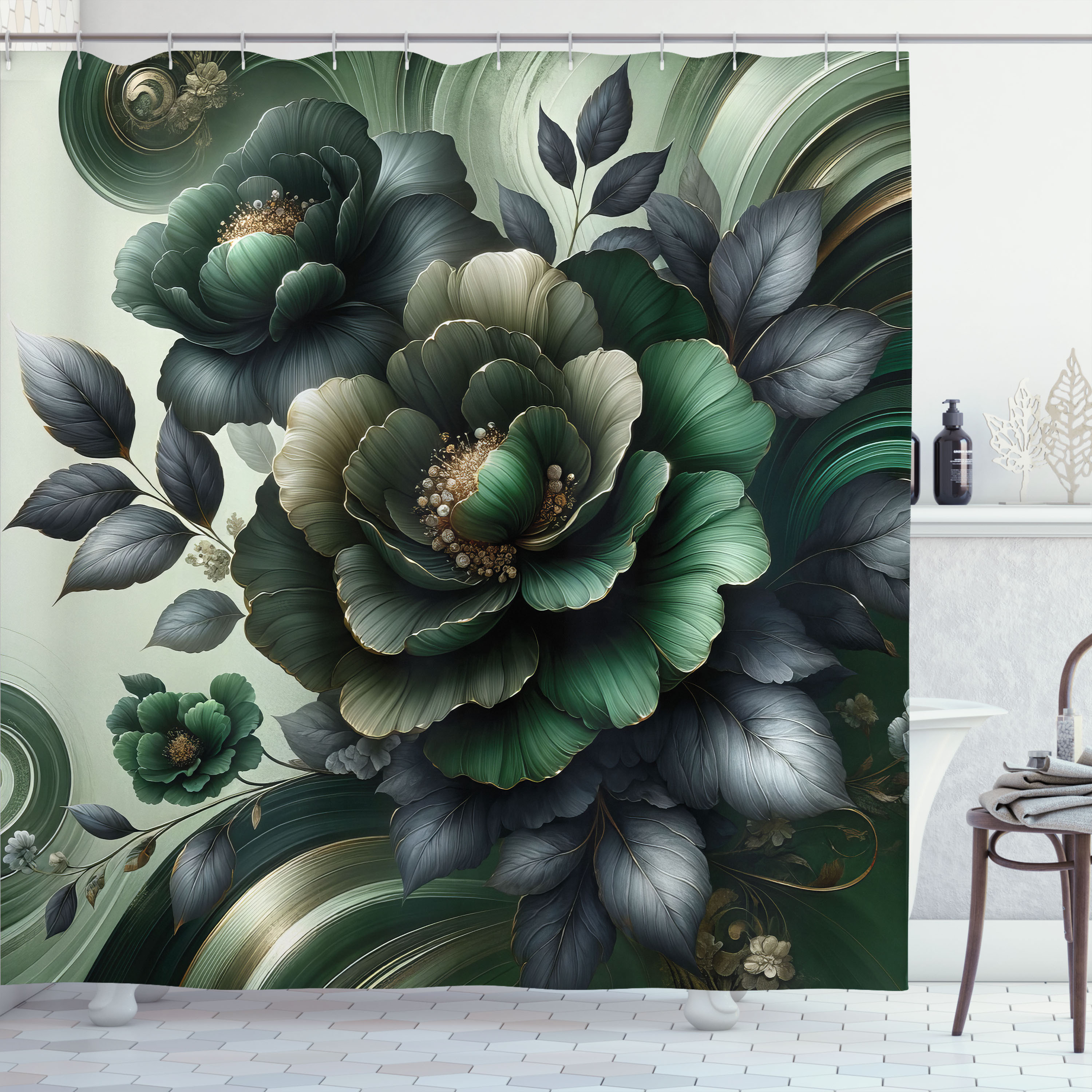 East Urban Home Dark Green Shower Curtain Roses on Surreal Swirls in