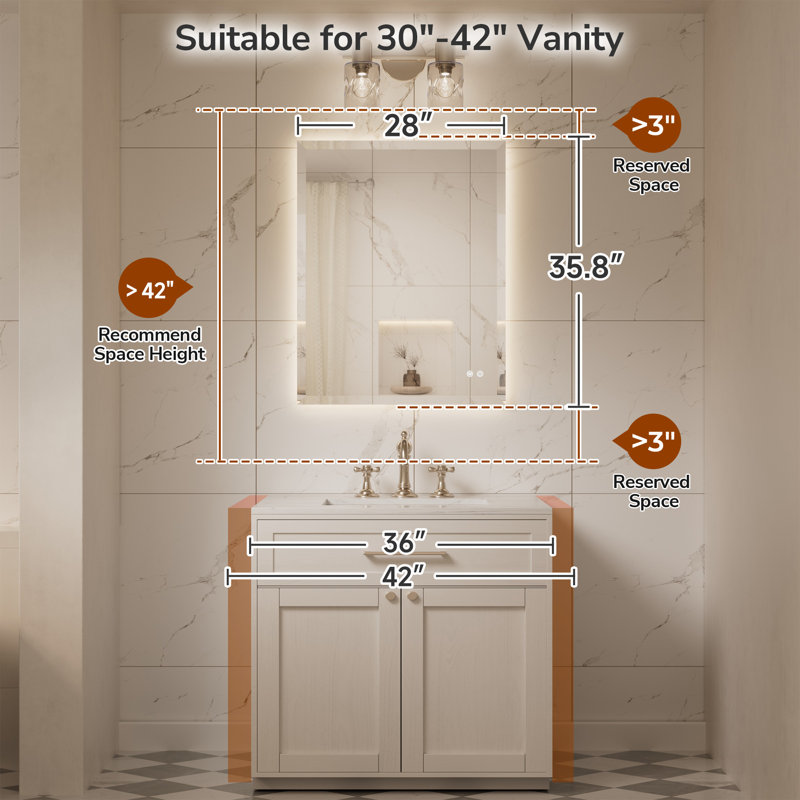 Beveled LED Backlit Bathroom Vanity Mirror, 36" x 28"