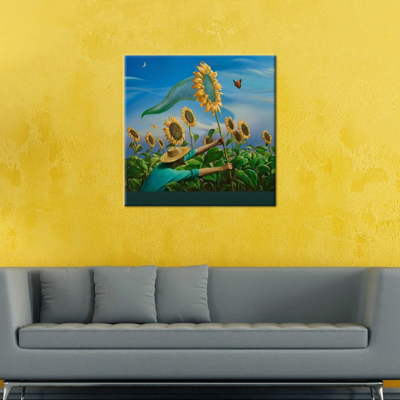 Affiche moderne en toile de tournesol abstraite 3D servant de décor polyvalent pour un salon de style campagnard